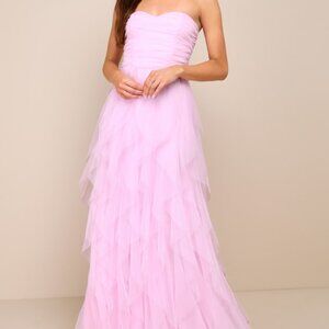 Lulus Delightful Beauty Pink Mesh Strapless Ruched Ruffled Maxi Dress - Size XL